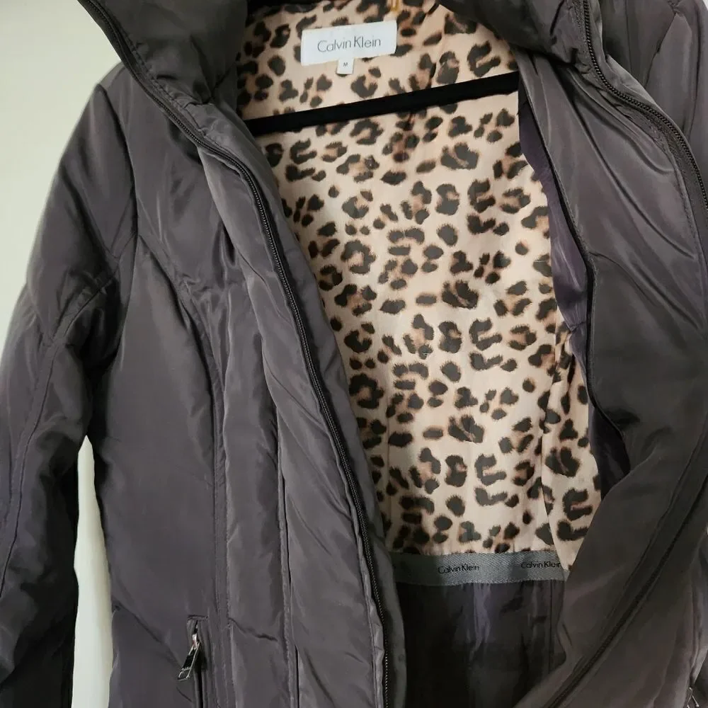 Calvin Klein Women's Dark Gray Hooded Puffer Jacket Zip Front Pockets Size Med